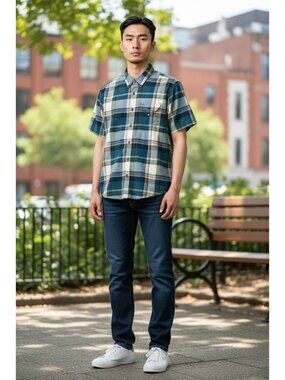 DC Mens Blue Plaid Button-Up Short Sleeve Shirt Medium